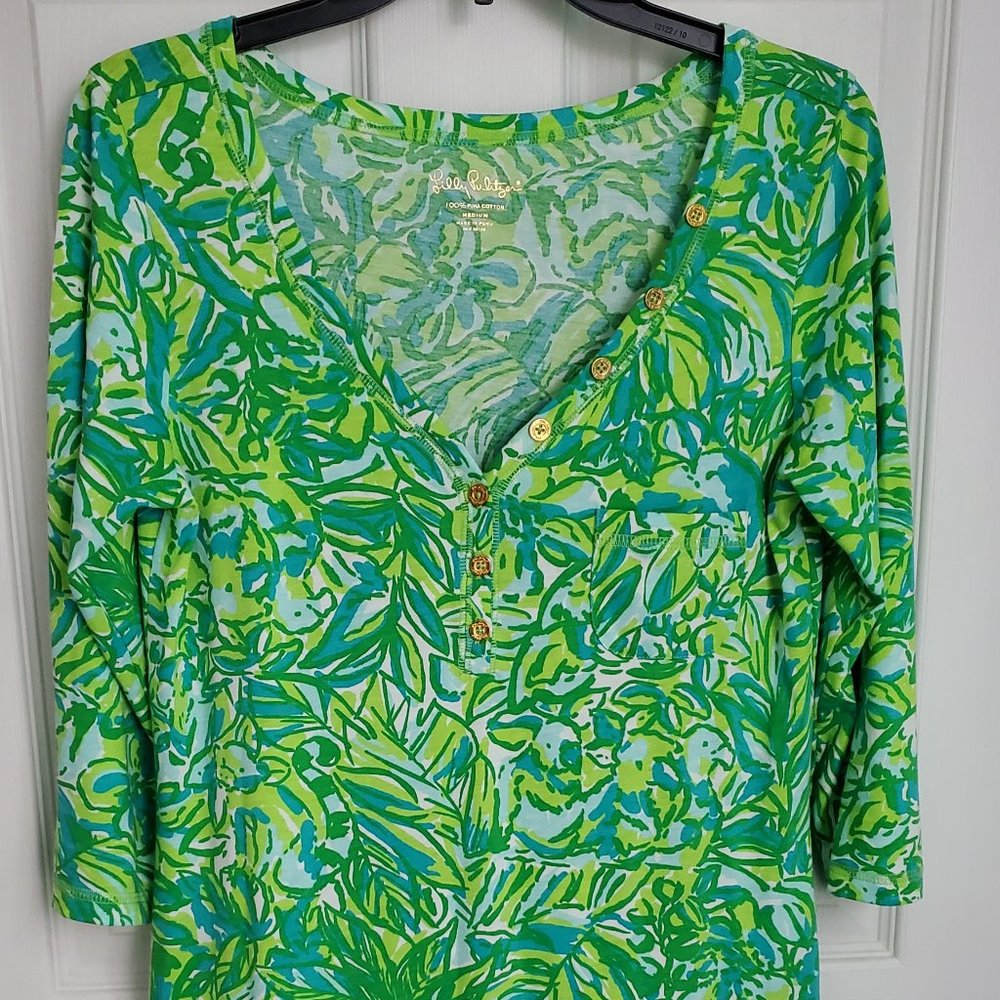 Lily Pulitzer Lime and Turquoise V-neck Pocket Shirt Dress. Size Medium - Picture 4 of 4